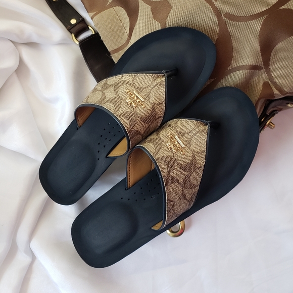 Coach Shoes - Coach Navy & Tan Logo Thong Sandal